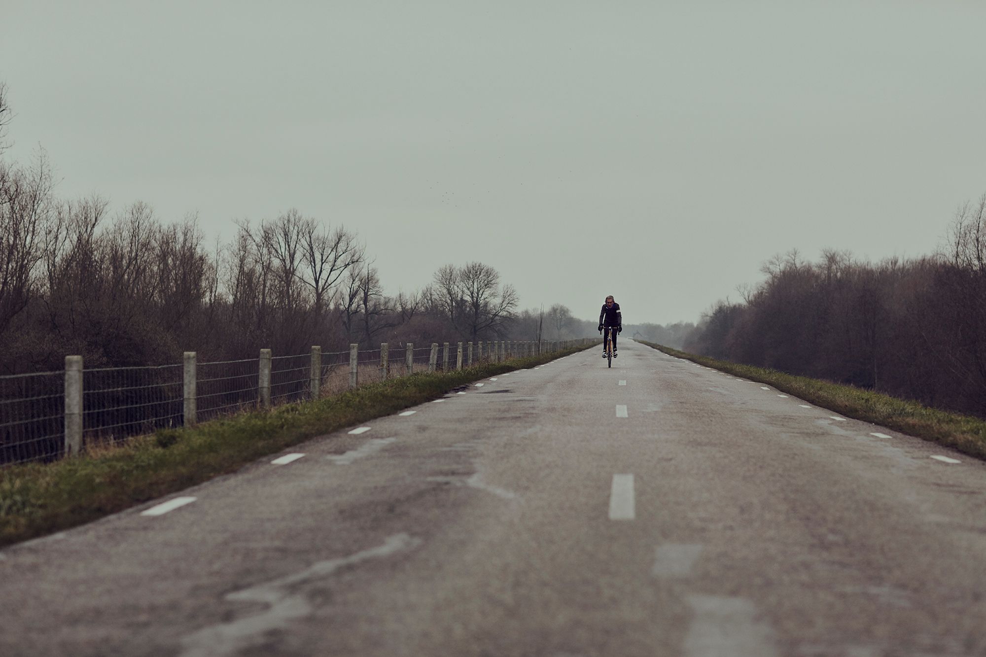 Albert riding away on a long, straight road