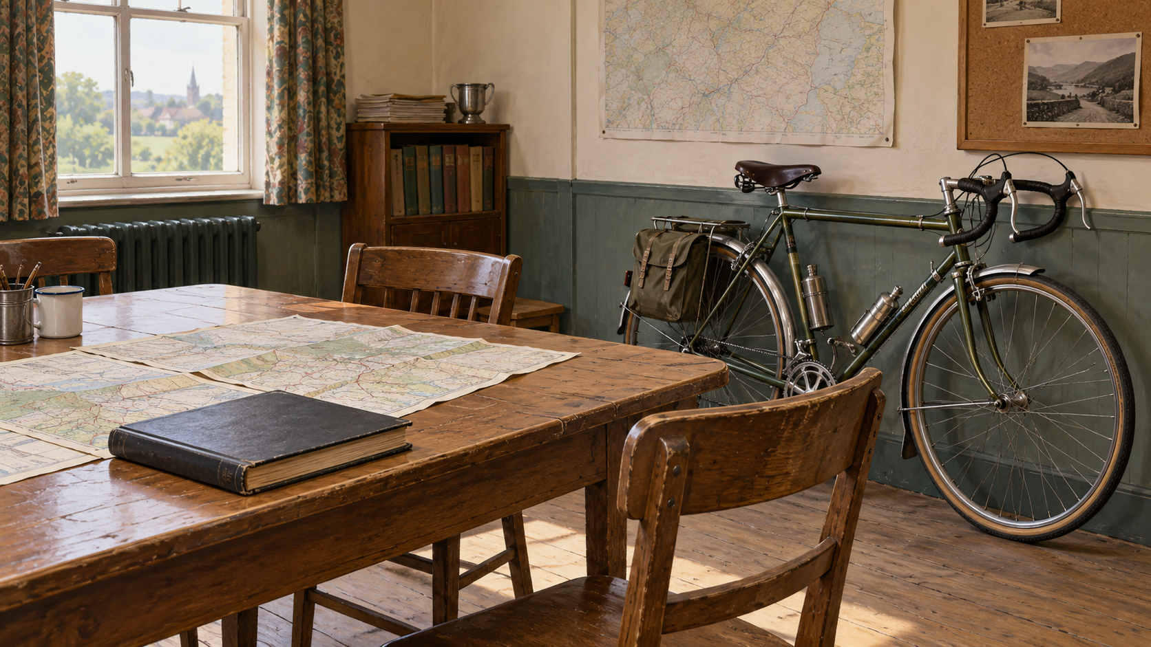 Illustration of a clubroom with maps, a minute book and a touring bicycle.