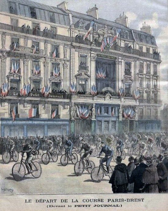 Illustrated crowd and riders at the start of Paris–Brest–Paris in 1891