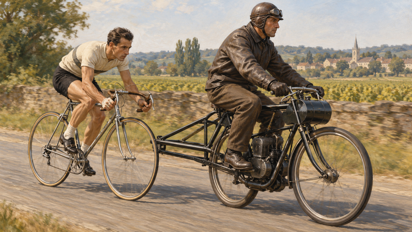 Illustration of a cyclist following a motor pacer on a country road.
