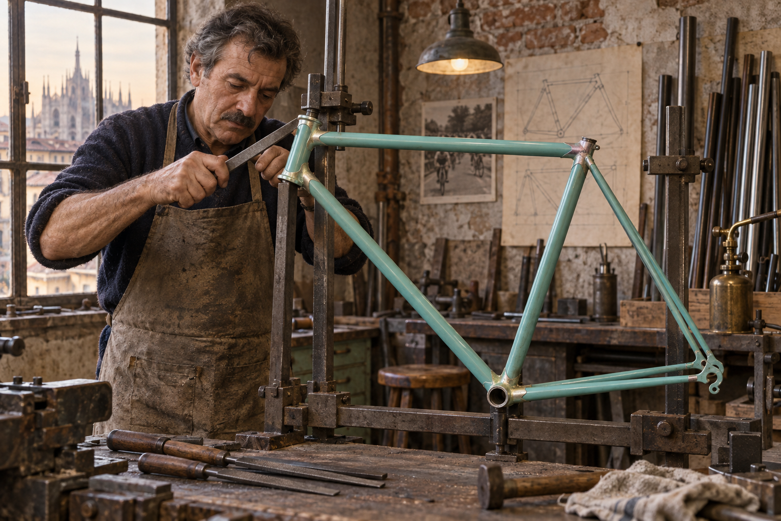 Billede til historien Bianchi on the down tube, Drali at the file bench