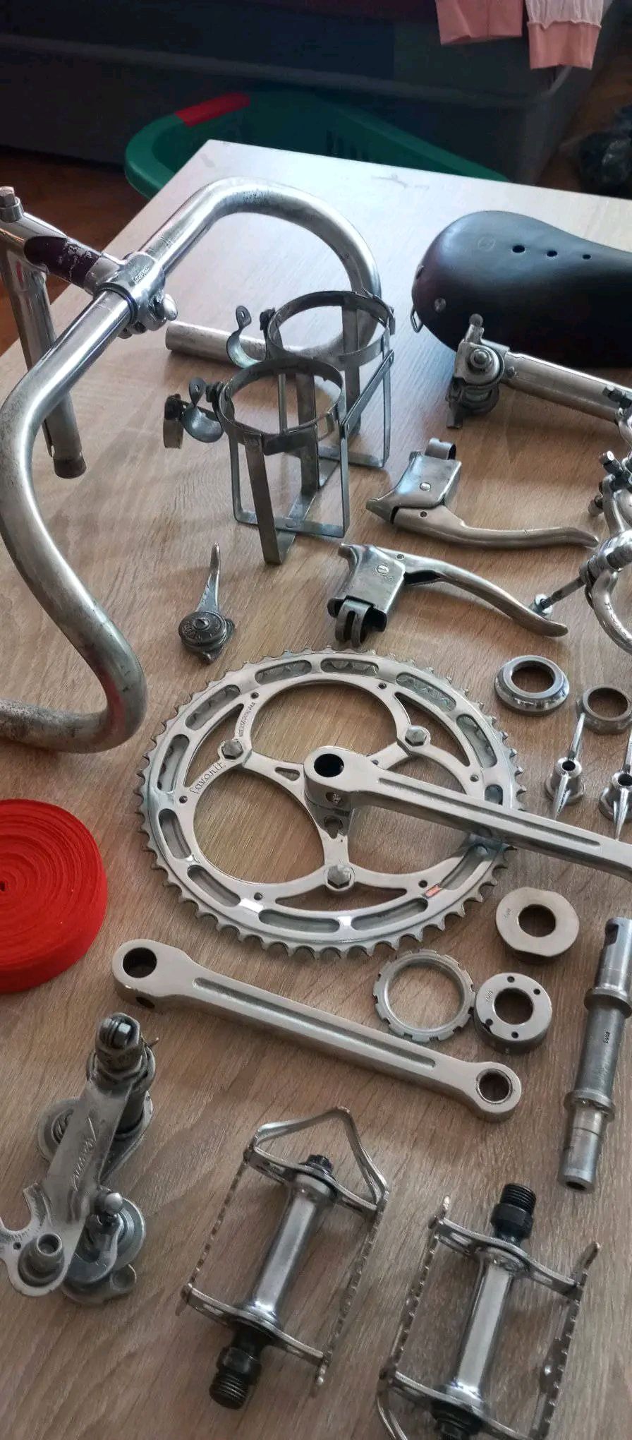 The Favorit bicycle components dismantled during restoration