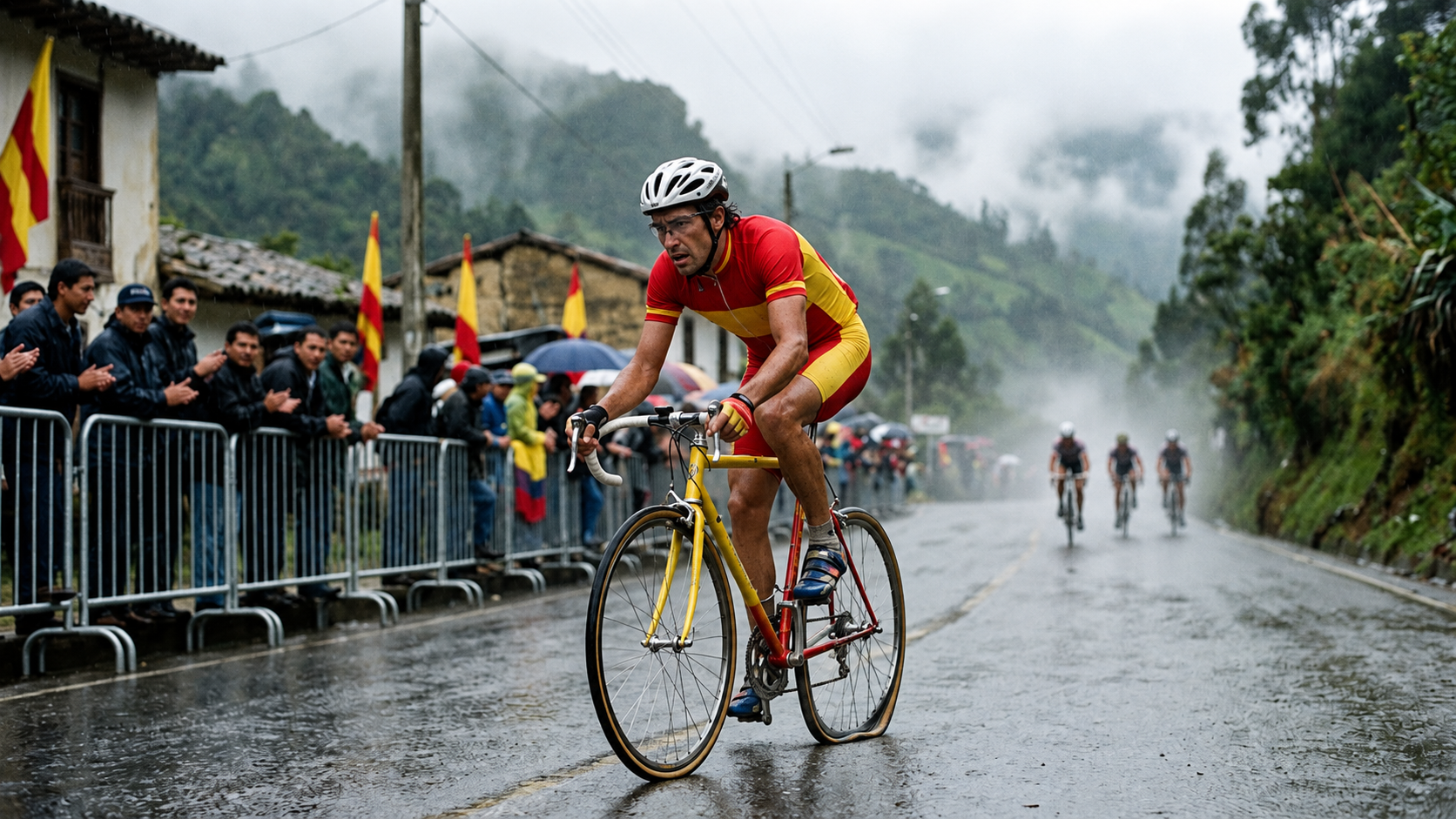 Illustration of Abraham Olano riding on a flat rear tyre ahead of three chasers in the rain at the 1995 World Championships in Duitama