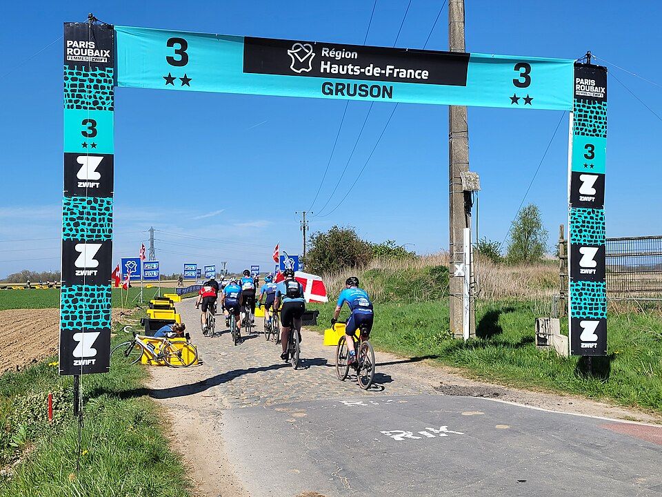 Entrance to the cobbled sector at Gruson during the 2025 Paris–Roubaix Challenge