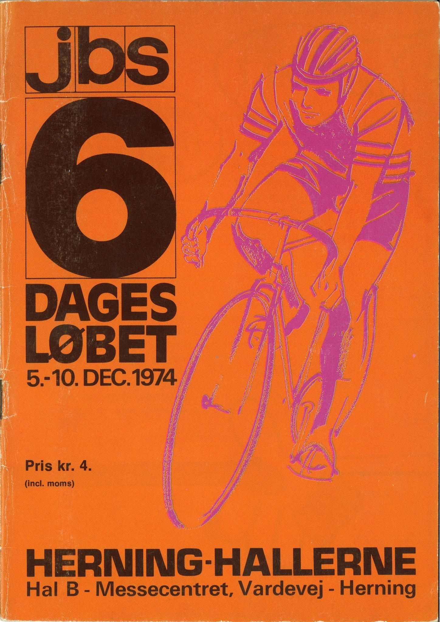 Orange programme cover for the JBS Six-Day race in Herning, 5 to 10 December 1974