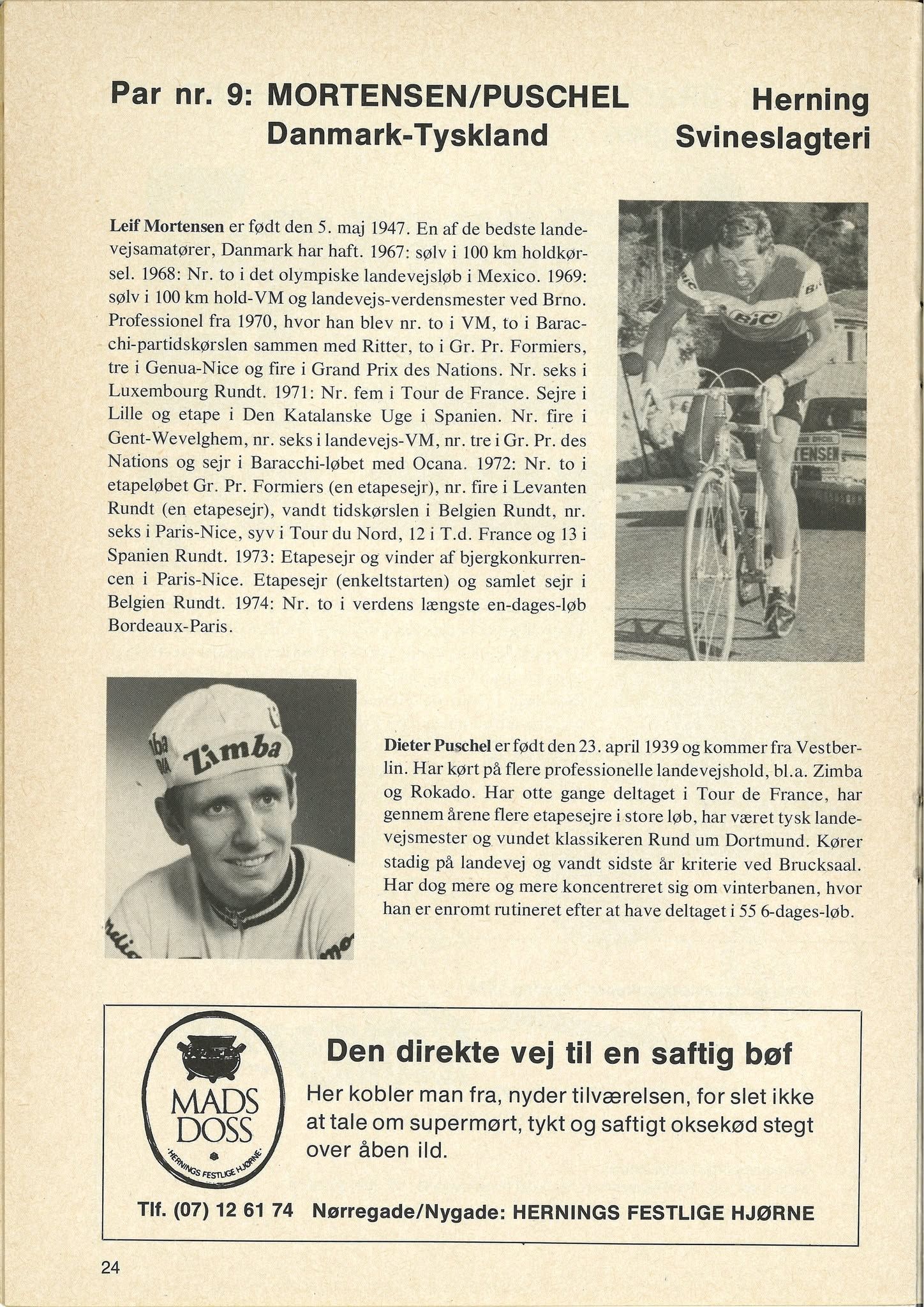 Programme page showing Leif Mortensen and Dieter Puschel as pair number nine