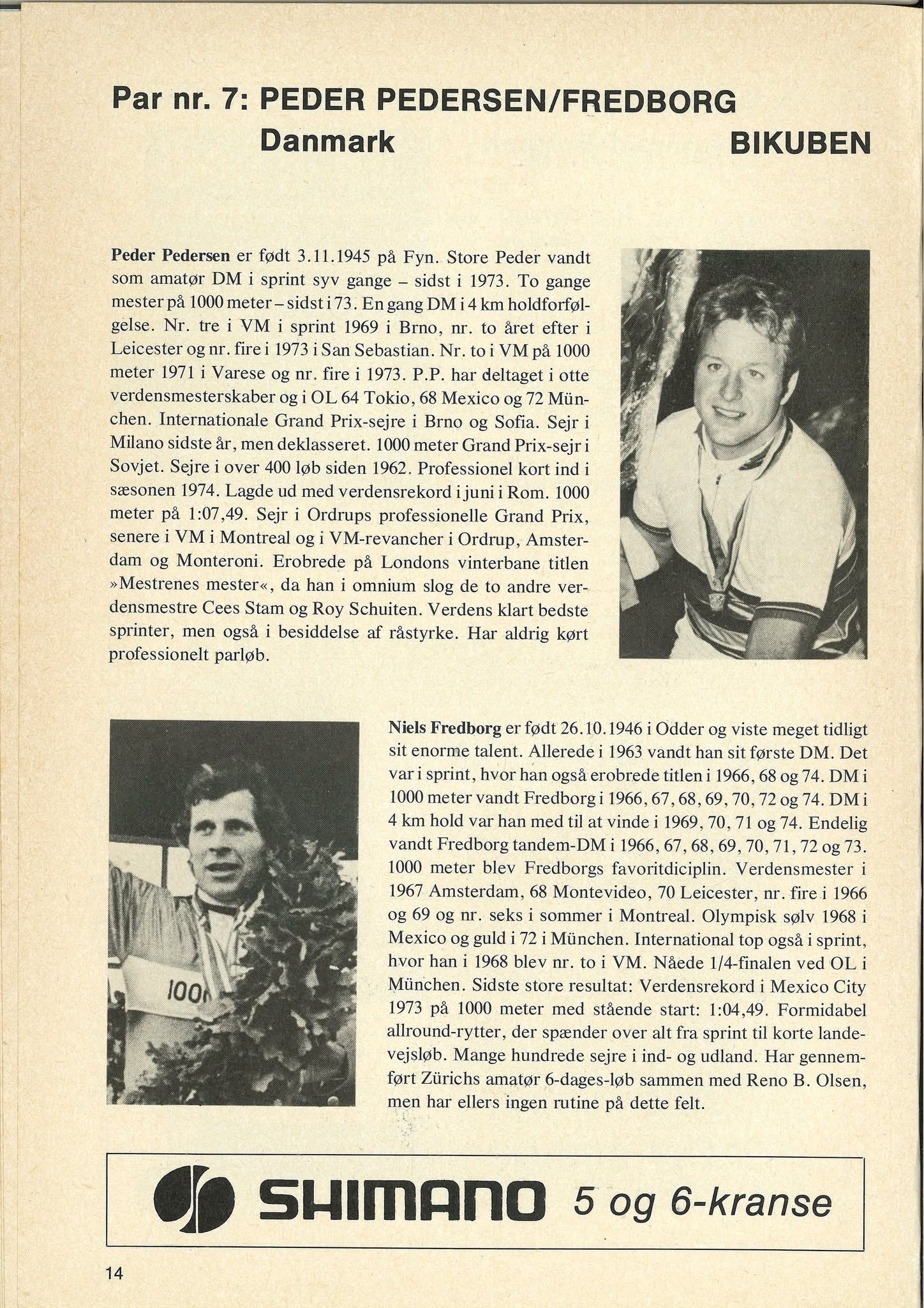 1974 programme page showing pair number seven, Peder Pedersen and Niels Fredborg