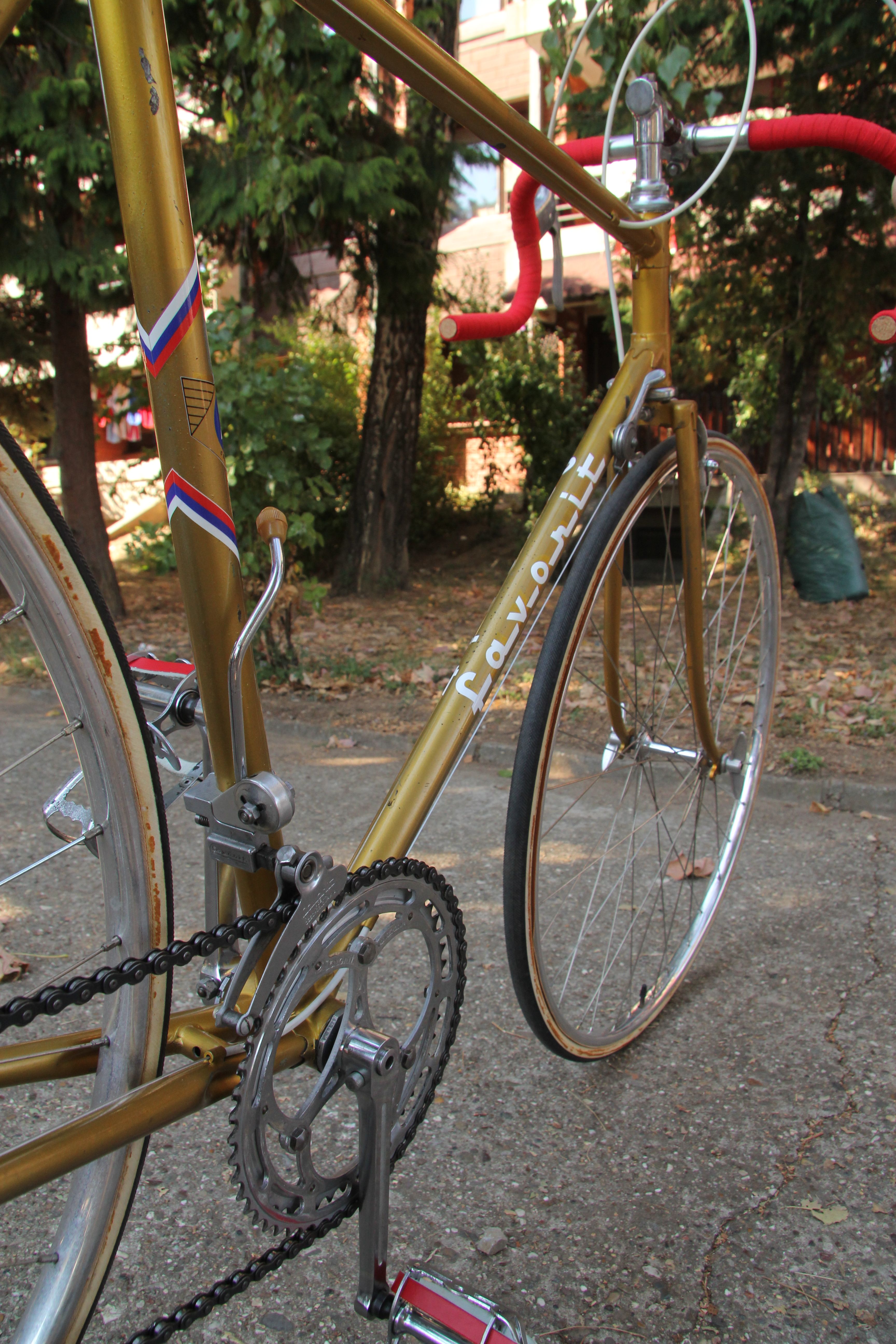 Detail of the gold frame, chainset and drivetrain