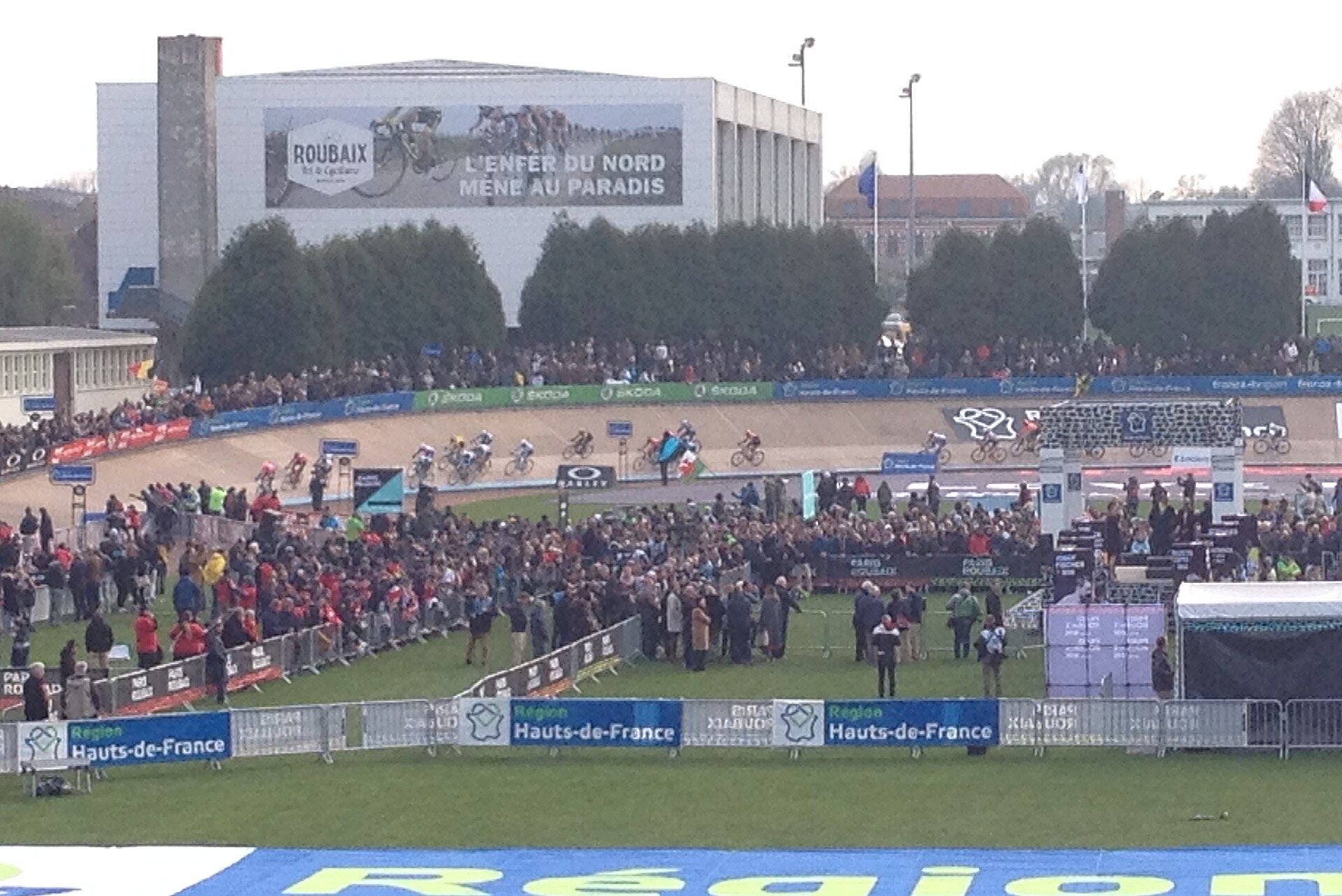 Riders on the Roubaix velodrome in front of the stands during Paris–Roubaix 2019