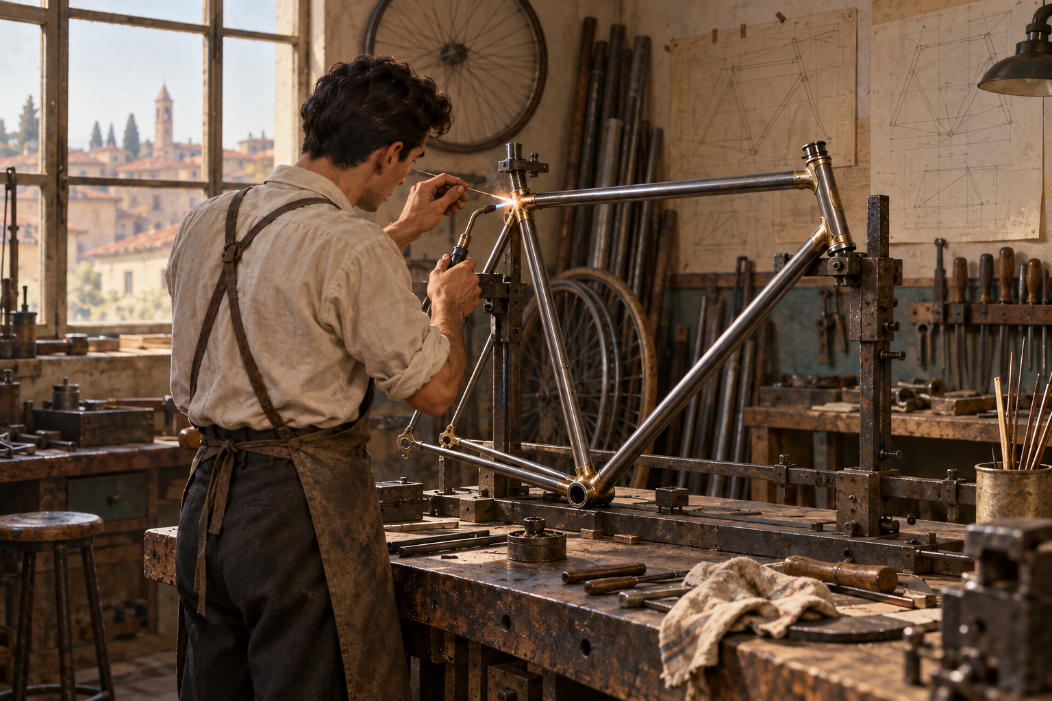 Illustration of a frame builder brazing a steel frame in an Italian workshop.