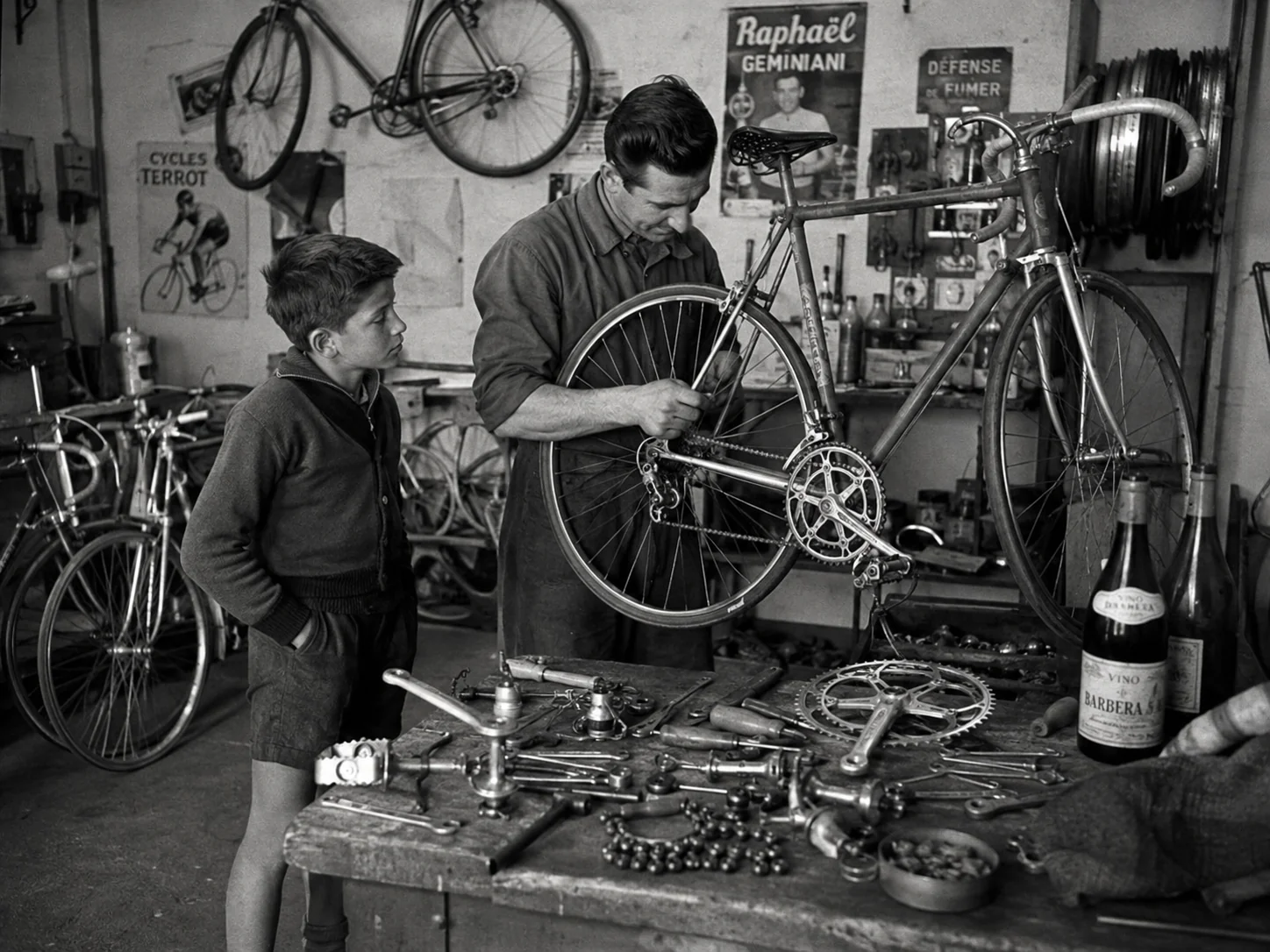 Illustration of a bicycle mechanic and a boy in a traditional workshop