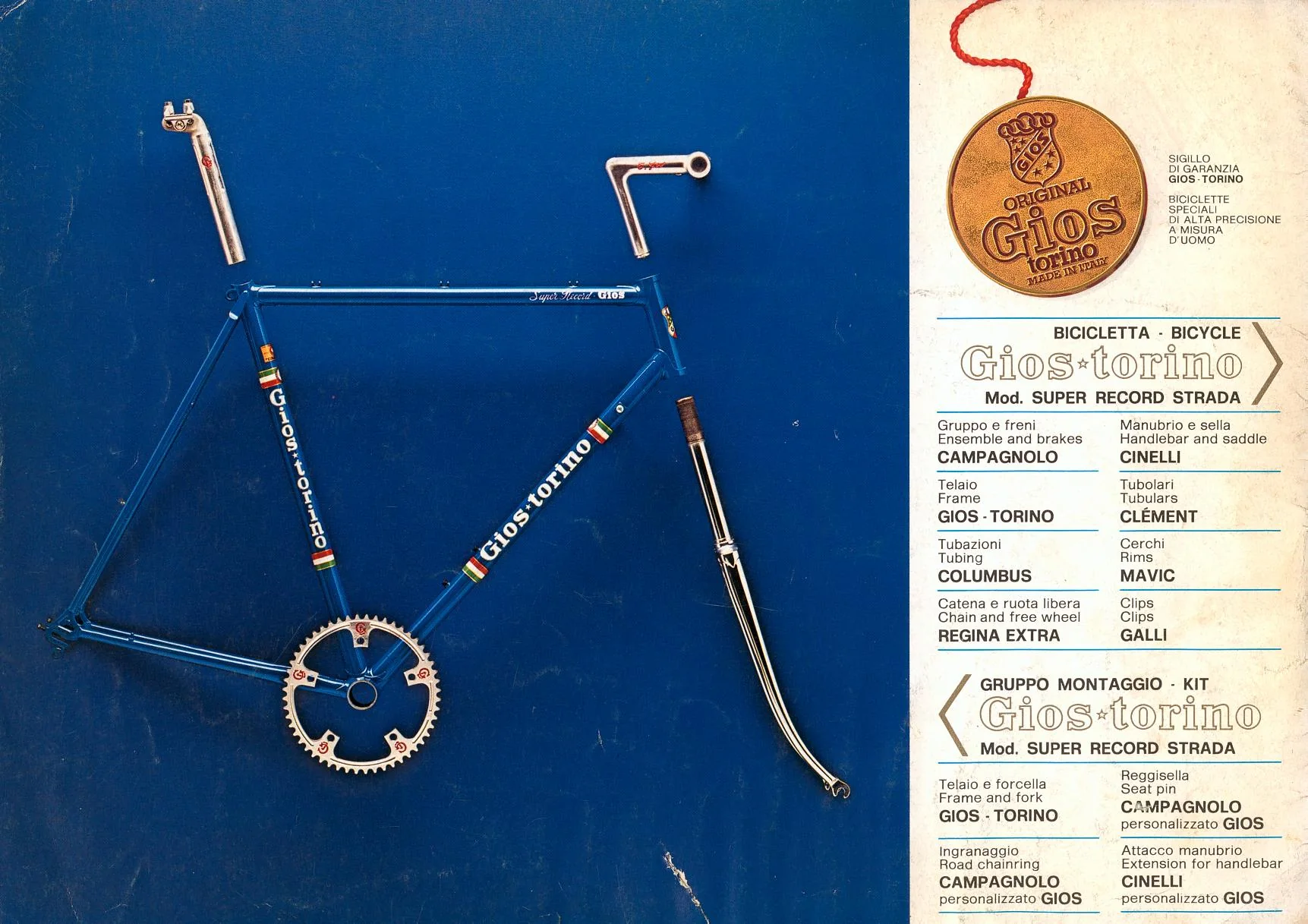 Historisk GIOS Torino Super Record-katalogside med ramme og komponentoversigt