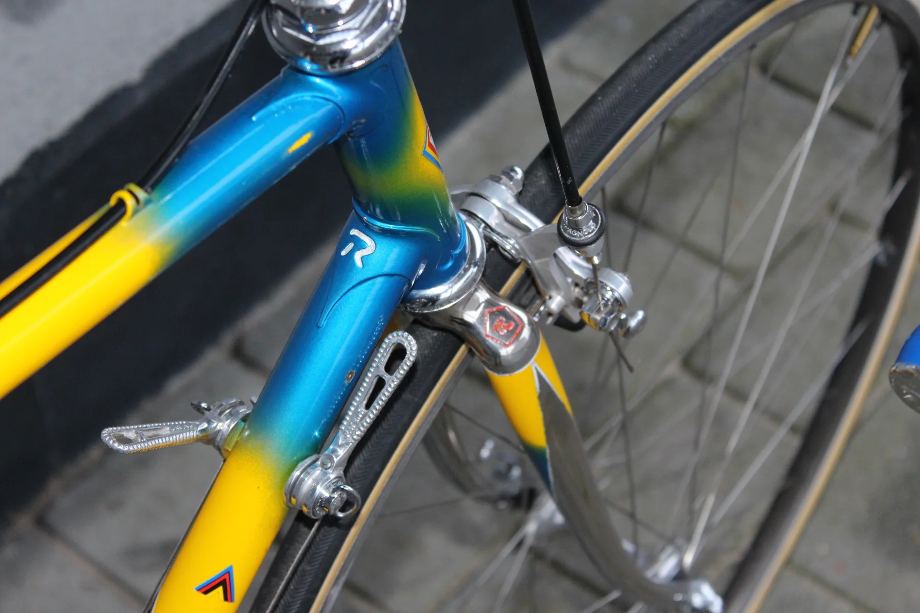 Head tube, Campagnolo down-tube shifters and chrome fork crown