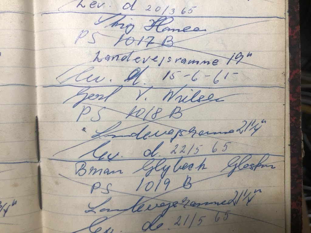 Schrøder workshop ledger showing Gert V. Nilsen, frame PS 1018 B and delivery on 22 May 1965