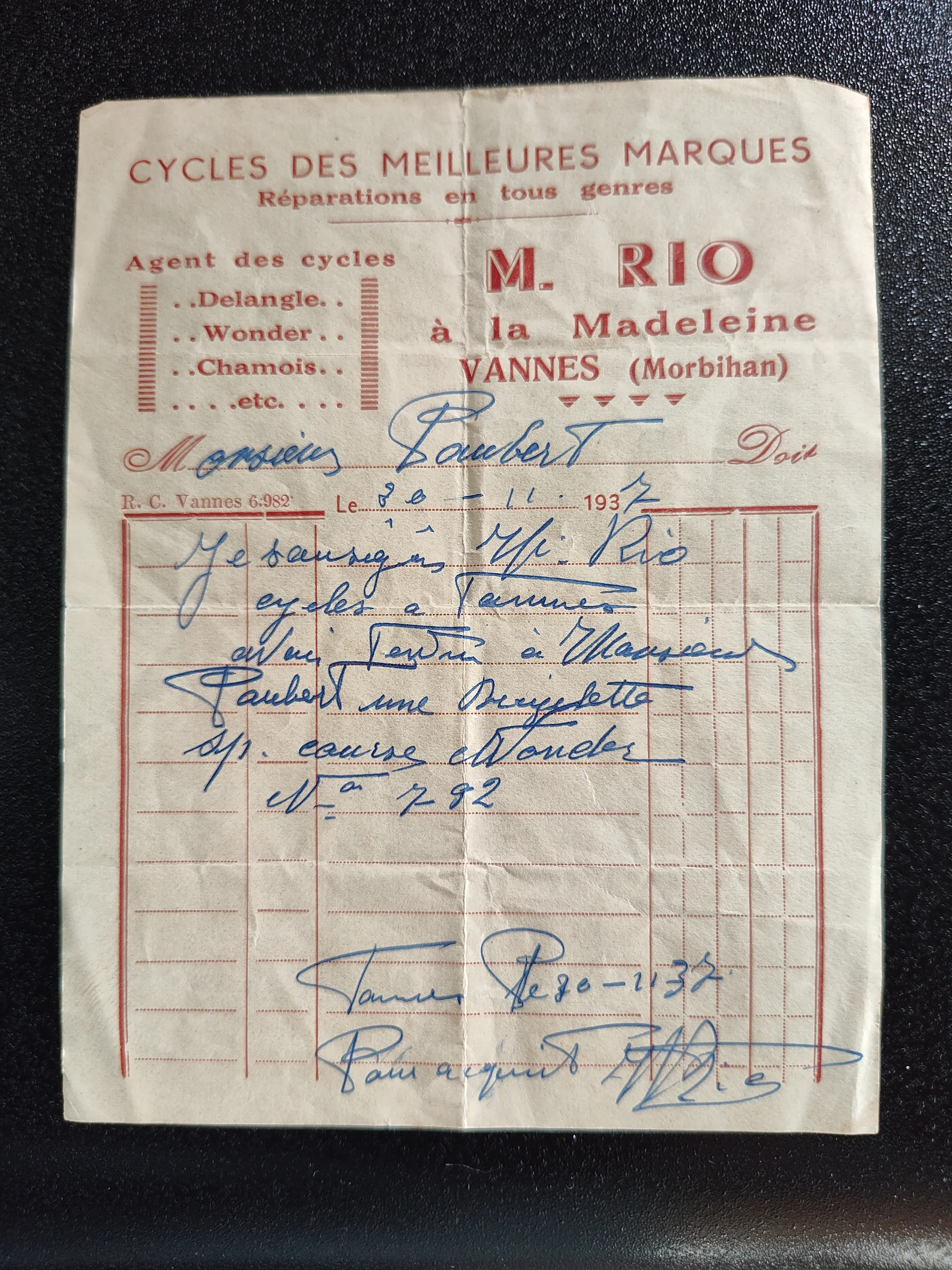 Original 1937 receipt naming Monsieur Paubert