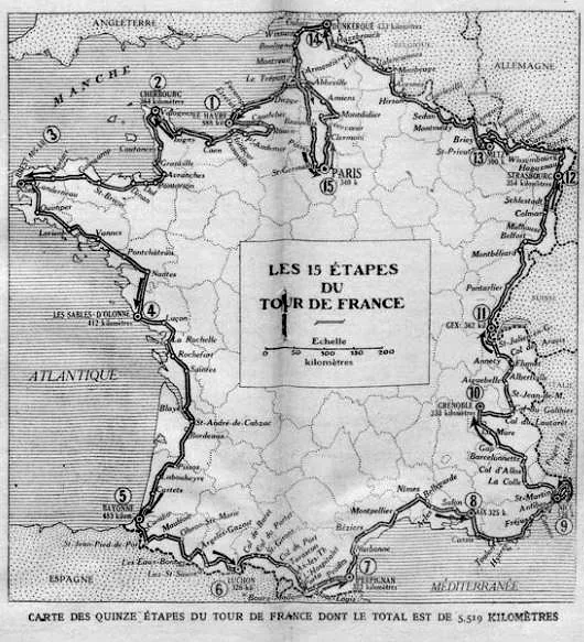 Historical map of the 15 stages of the 1920 Tour de France