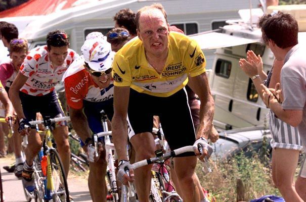 Bjarne Riis ahead of Miguel Indurain on Hautacam in 1996
