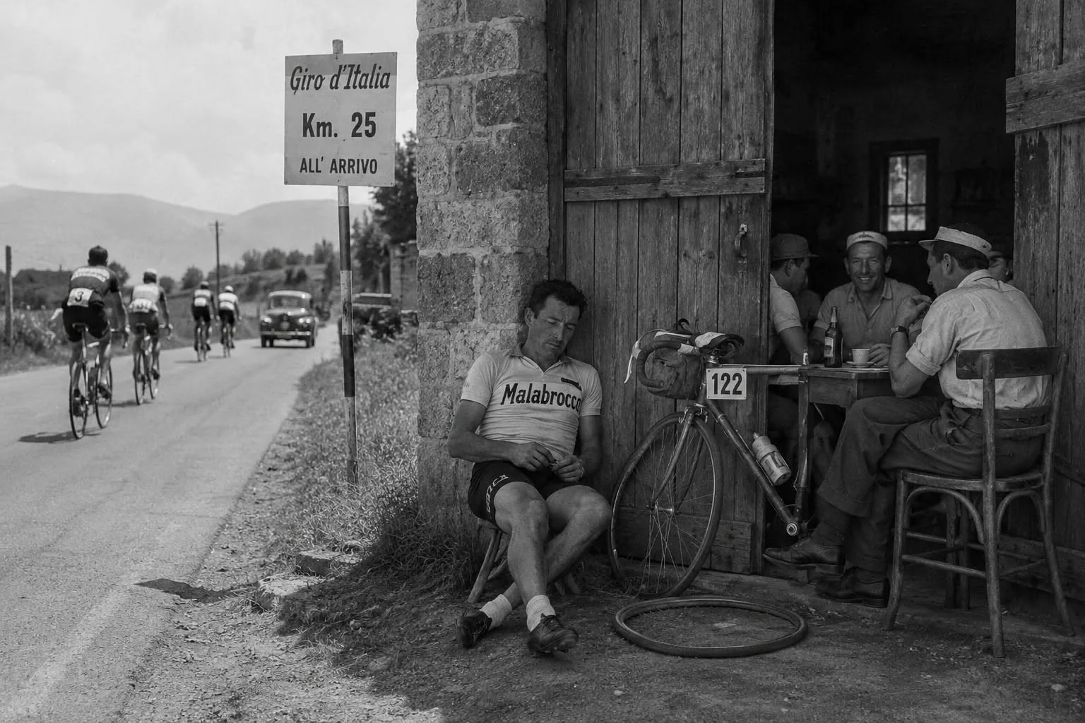Illustration of a cyclist resting beside a road during the Giro d’Italia