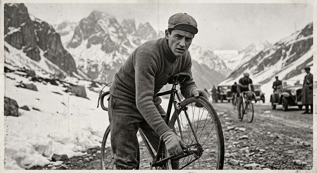Illustration of a cyclist trying to loosen his rear wheel on a snowy mountain pass